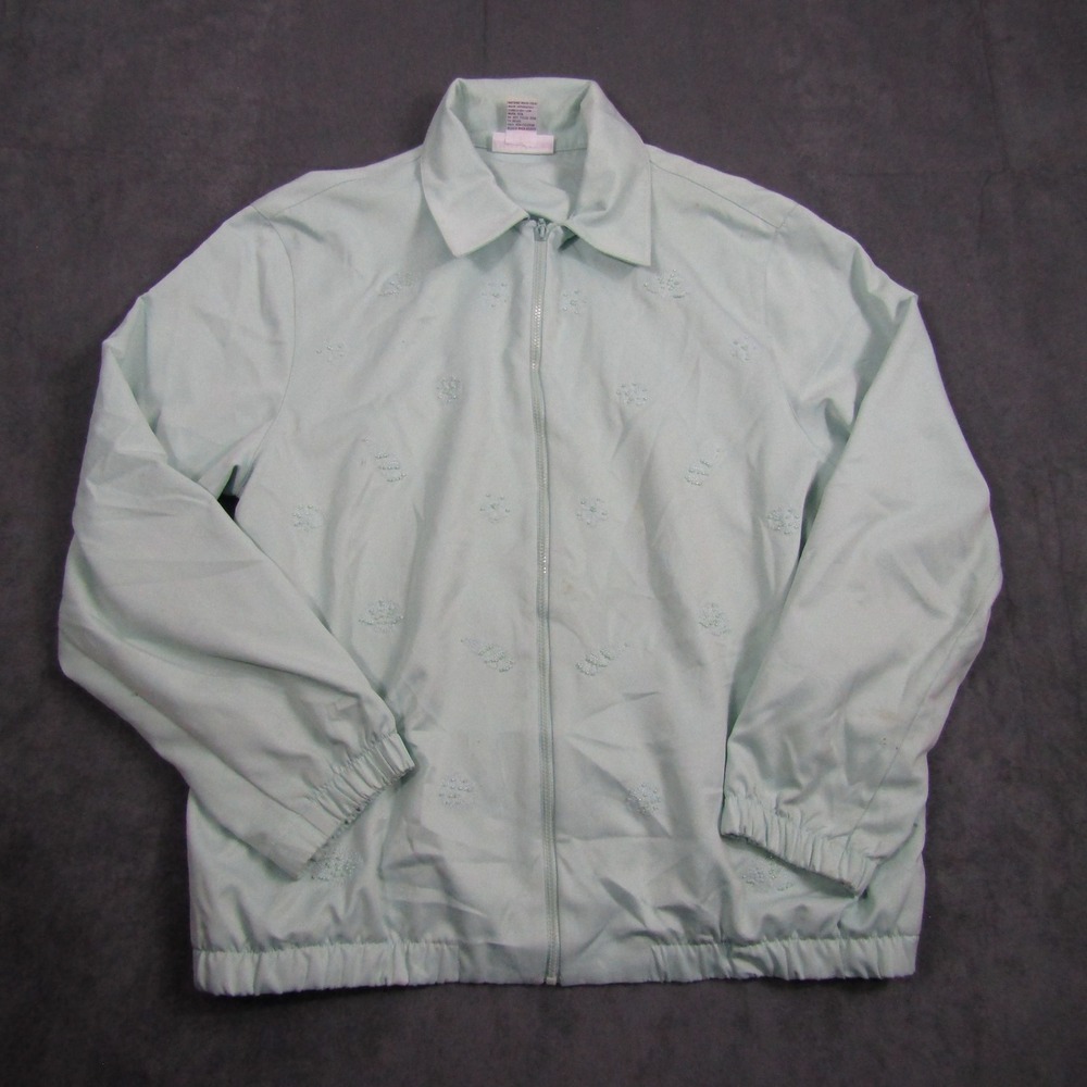 Alfred Dunner Windbreaker Jacket Women 10 Mint Green Embroidered Floral Vintage